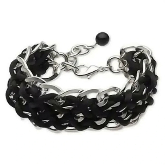 Avant Garde Black Silk Cord Silver Metal Chain Bracelet - Picture 1 of 3